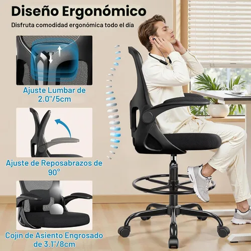 Vista 6 de Silla de dibujo alta de oficina para escritorio de pie, taburete ergonómico de trabajo para computadora con brazos abatibles, anillo de pie y Negro