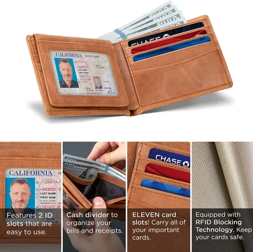 Vista 10 de SERMAN BRANDS Billetera de piel con 2 ventanas de identificación para hombre, con bloqueo RFID, doble tapa superior, billetera de viaje de capacidad