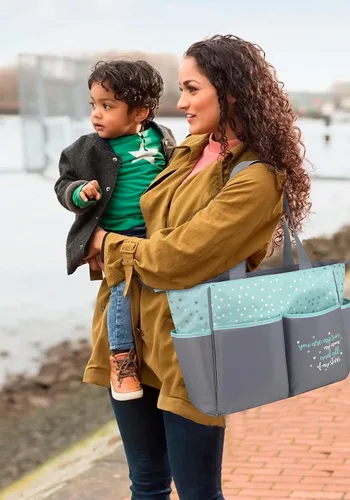Vista 2 de Baby Essentials Juego de 5 bolsas para pañales con sol, luna y estrellas, bolsillo para toallitas, bolsa para pañales sucios, cambiador Gris/ agua
