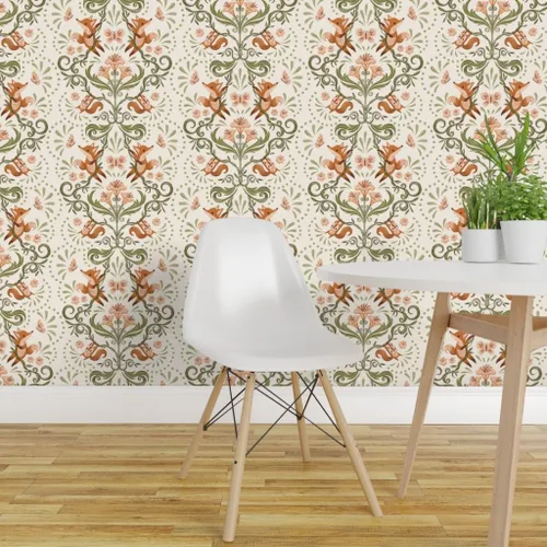 Vista 3 de Spoonflower Muestro de papel tapiz extraíble – Caprichoso Zorro Naranja Ardilla Botánica Naturaleza Jardín Crema Verde Rosa Dulce Lindo Papel