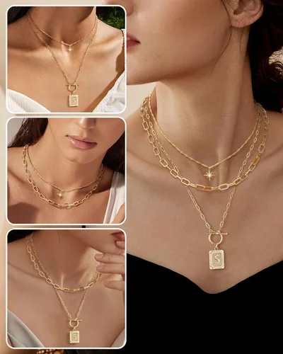 Vista 3 de MJartoria Collares con iniciales en capas para mujer, modernos, chapados en oro de 14 quilates, cadena de papel, collar sencillo con dije de Dorado