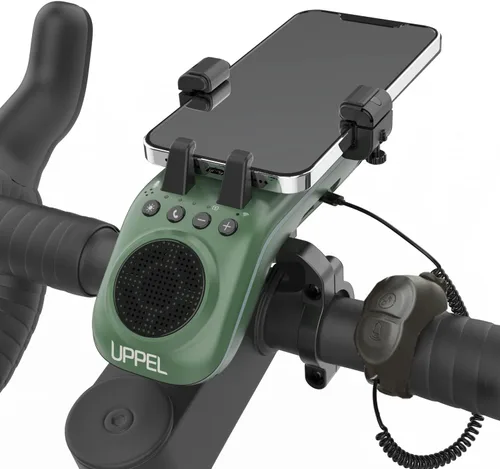 Vista 9 de UPPEL Altavoz Bluetooth para bicicleta, soporte multifuncional para teléfono de bicicleta 10 en 1, luz LED, bocina de bicicleta, micrófono, ideal