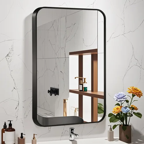 Vista 2 de Espejo de pared negro de 16 x 24 pulgadas para baño, espejo con marco de metal cepillado con esquina redondeada, espejo rectangular de tocador