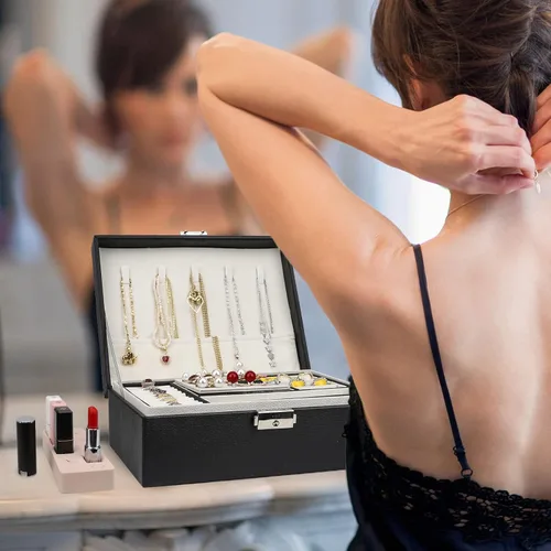 Vista 5 de USION Joyero para mujeres, niñas, novia, esposa, regalo, organizador de joyas de cuero, soporte con bandeja extraíble para aretes, pulseras