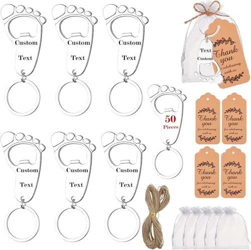 Vista 10 de 50 piezas personalizadas para baby shower, abrebotellas, llaveros de huellas, recuerdos de baby shower, regalos de devolución para invitados, vienen