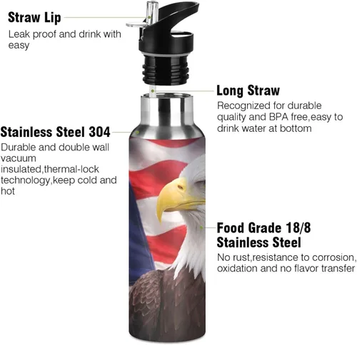Vista 3 de Bald Eagle - Botella de agua con la bandera estadounidense para niños, termo con tapa con pajilla, termo de acero inoxidable aislado a prueba