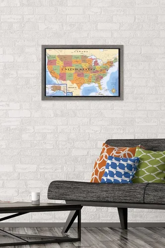 Vista 2 de Trends International Mapa - Póster de pared de zonas horarias de EE. UU., 14.725 x 22.375 pulgadas, versión enmarcada de madera de granero