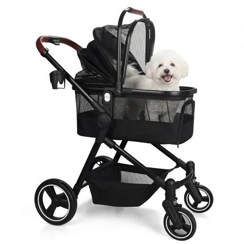 Vista 10 de Carriola doble plegable para mascotas para 2 gatos y perros pequeños y medianos, carriola integrada ligera para mascotas, individual y doble