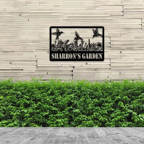 Vista 3 de MeMate Letreros de jardín de colibríes, letreros de jardín de flores para personalizar, letreros de metal personalizados con colibrí, arte de pared