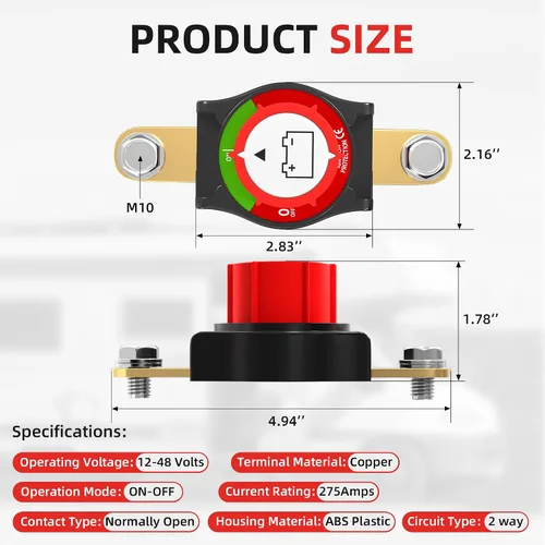 Vista 2 de Joinfworld Interruptor de desconexión de batería de poste lateral, 12 V-48 V, 275 A, impermeable, interruptor de corte de batería marina, 12