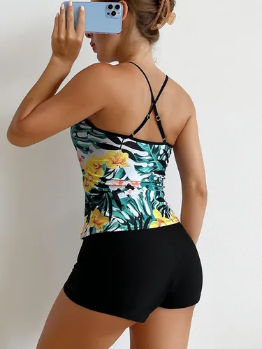 Vista 2 de Floerns Traje de baño de 2 piezas con estampado floral y espalda cruzada para mujer