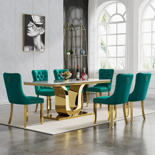 Vista 74 de Juego de 4 mesas de comedor blancas y doradas, mesa de cocina rectangular de 68 pulgadas con parte superior de mármol sintético blanco, mesa de Mesa