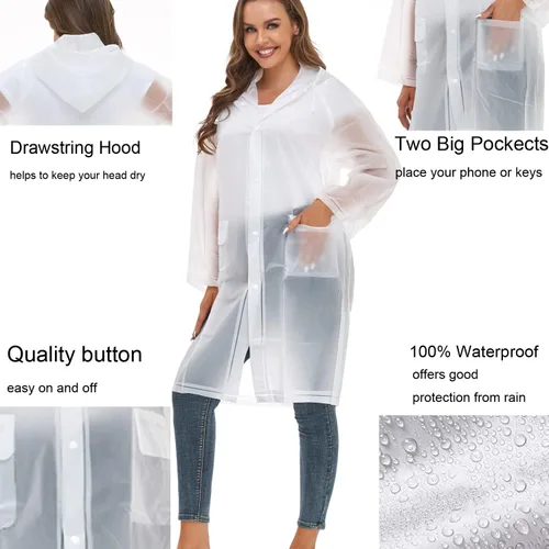 Vista 4 de JMinger Chubasqueros para mujeres y hombres, reutilizables, portátiles, impermeables, EVA, largos, poncho de lluvia con capucha