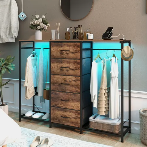 Vista 4 de Espelism Cómoda para dormitorio con perchero, cómoda de 5 cajones con estación de carga, luces LED, cómoda blanca, estante flexible y espacio