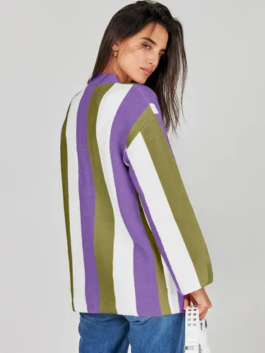 Vista 6 de ANRABESS Cárdigan de punto trenzado para mujer, manga larga, frente abierto, bloque de color, estilo bohemio, a rayas, abrigos para exteriores