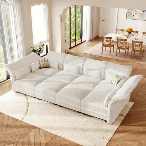 Vista 35 de LLappuil Sofá seccional beige con almacenamiento, sofás modulares de pana para sala de estar con apoyabrazos ajustables, cojines de felpa gruesos, 6