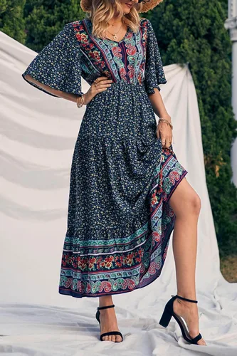 Vista 5 de PRETTYGARDEN - Vestido bohemio casual de verano para mujer, con estampado floral, cuello en V, manga corta, cintura alta, largo hasta el piso