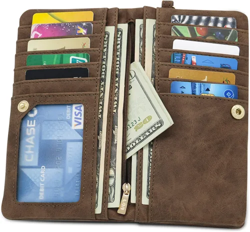 Vista 4 de Cartera de cuero vegano para mujer cartera larga plegable para mujer con bolsillo con cremallera Café