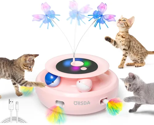 Vista 10 de ORSDA Juguete para gatos, juguete interactivo electrónico automático 3 en 1 con plumas de emboscada en movimiento, mariposa revoloteante, bolas