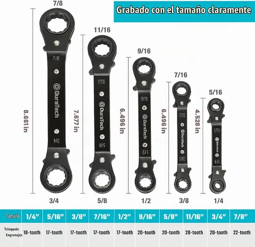 Vista 5 de DURATECH Juego de 5 llaves de trinquete reversibles de extremo de caja de doble desplazamiento, SAE, resistente, cromadas mate, llave de trinquete