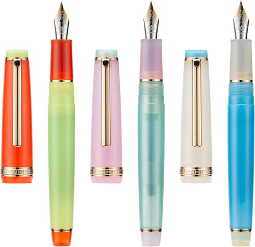 Vista 11 de 3 Jinhao 82 Pluma estilográfica acrílica transparente de color clásico mixto con punta media y borde dorado, con juego de conversor Mezcla clásica