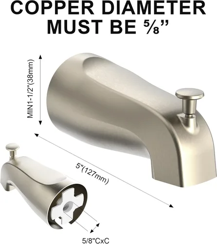 Vista 7 de Boquilla de bañera con desviador de 5 pulgadas – Reemplazo universal de grifo de bañera frontal con desviador, acabado de metal níquel cepillado