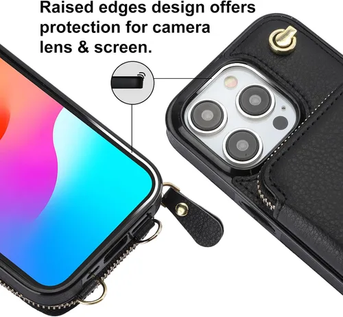 Vista 7 de Bocasal Funda tipo cartera cruzada para iPhone 15 Pro, funda de piel con bloqueo RFID y soporte para tarjetas, funda protectora con cremallera