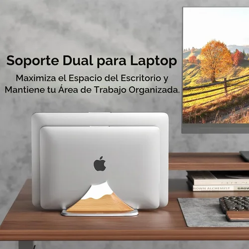 Vista 5 de AFOOYO Soporte vertical doble para laptop, soporte ajustable de madera en forma de pico de nieve, base de escritorio con 2 ranuras compatible
