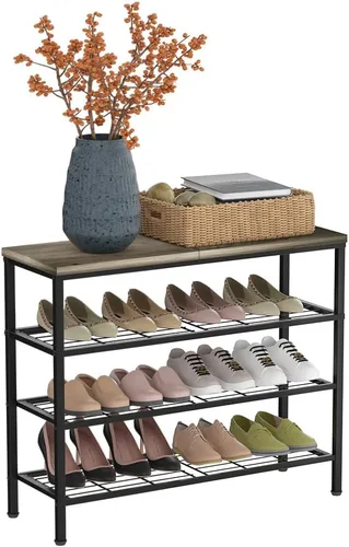 Vista 9 de Zapatero de metal de 3 niveles con parte superior de madera, organizador de zapatos duradero y que ahorra espacio, organizador de zapatos Gris +