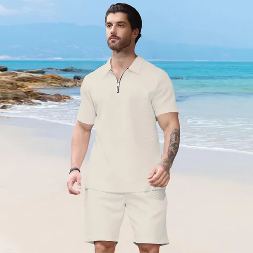 Vista 4 de Aulemen Conjunto deportivo de 2 piezas con cremallera para hombre, manga corta, camiseta polo y pantalones cortos, conjuntos de verano para hombre