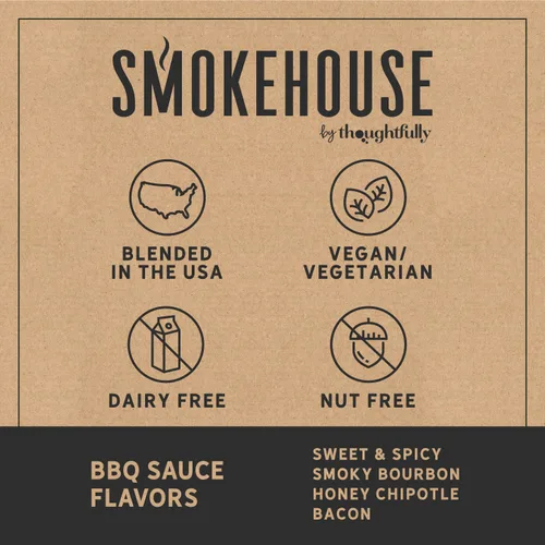 Vista 5 de Smokehouse by Thoughtfully, juego de muestras de salsa gourmet para barbacoa, vegano y vegetariano, los sabores incluyen chipotle de miel, bourbon