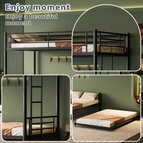 Vista 7 de Marco de cama individual sobre cama individual con nido, litera de metal con barandilla de protección y escaleras para adultos, se puede dividir