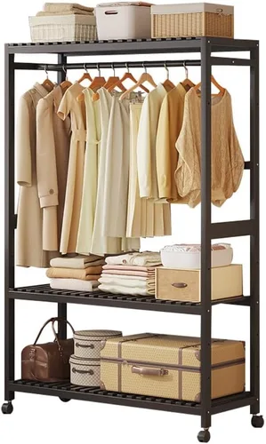 Vista 12 de Wooden Clothes Rail with Shelves,Bamboo Clothes Rack,Portable Open Wardrobe,Free Standing Clothes Rails for Bedroom,Garment Rack with 2 Storage
