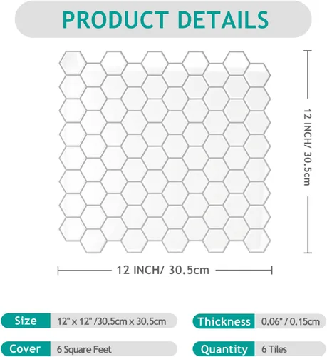Vista 7 de VEELIKE Azulejos Hexagonales Blancos Despegar y Pegar para Salpicadero 6 Hojas Azulejos Adhesivos para Salpicadero de Cocina Azulejos de Pared