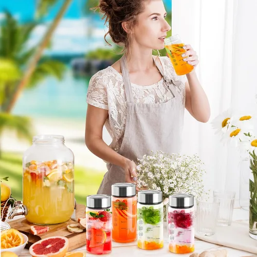 Vista 6 de Botellas de vidrio de 12 onzas con tapas, Paquete de 4 Botellas de Jugo de Vidrio, Botella de Agua Reutilizable para Jugos, Botellas de Licuadora