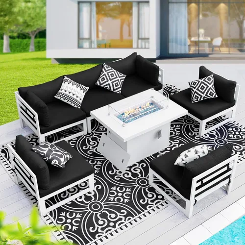Vista 41 de BULEXYARD - Sofá modular de aluminio para exteriores con mesa para fogata, 7 piezas, color verde azulado