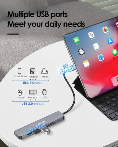Vista 4 de LENTION Hub USB C 7 en 1, HDMI 4K a 60Hz, PD de 100 W, lector de tarjetas Gris espacial