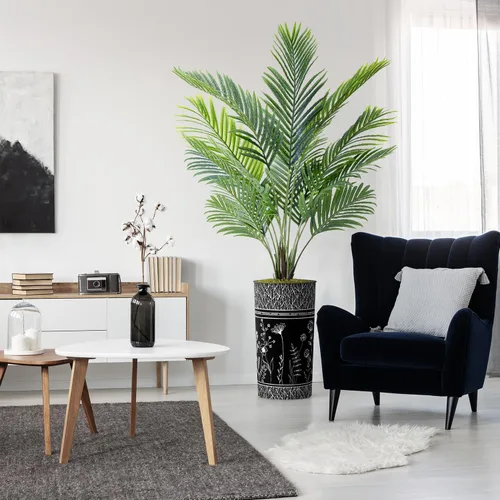 Vista 22 de Árbol artificial con diseño de hojas blancas y negras, palmera tropical areca artificial de seda para decoración del hogar en interiores y Diseño