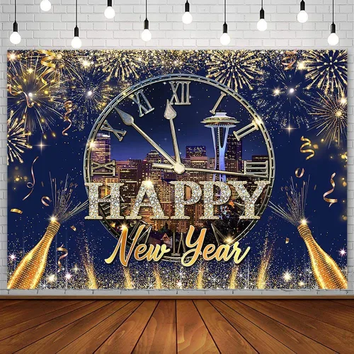 Vista 17 de AIBIIN Telón de fondo de 7 x 5 pies con texto en inglés «Happy New Year» 2026, noche de la ciudad, víspera de Año Nuevo, grandiosos fuegos Fuegos
