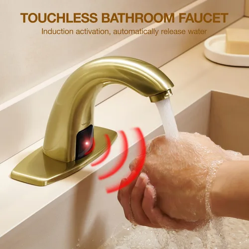 Vista 2 de Charmingwater Grifo de lavabo de baño sin contacto, grifo con sensor automático de movimiento con placa de cubierta de agujero, oro cepillado