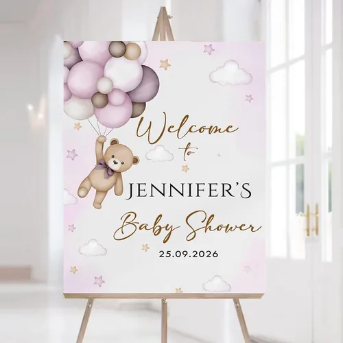 Vista 28 de Letrero de bienvenida personalizado para baby shower con soporte, decoración temática de baby shower con globo, decoración de oso para baby shower