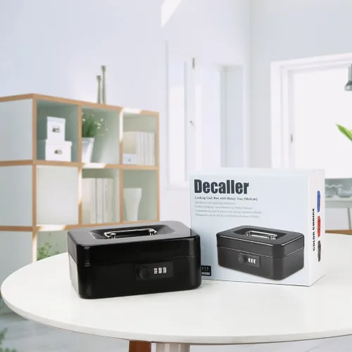 Vista 6 de Decaller Caja de dinero con cerradura de combinación, caja de seguridad de metal pequeña con bandeja de dinero, 7 4/5 x 6 4/5 x 3 3/5 pulgadas