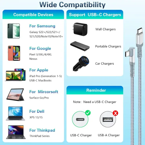 Vista 7 de Paquete de 5 cables USB C a USB C de 10 pies en ángulo recto USB C extra largo de 60 W/3A tipo C a tipo C, cable de carga rápida compatible
