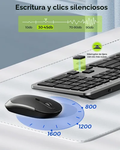 Vista 2 de Combo de teclado y mouse inalámbricos, tamaño completo, delgado, inalámbrico, con teclado numérico, conexión estable de 2.4 G, DPI ajustable