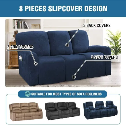 Vista 2 de Fundas elásticas de 8 piezas para sillón reclinable, de terciopelo de lujo, para sofá reclinable de 3 cojines, funda para sofá reclinable súper