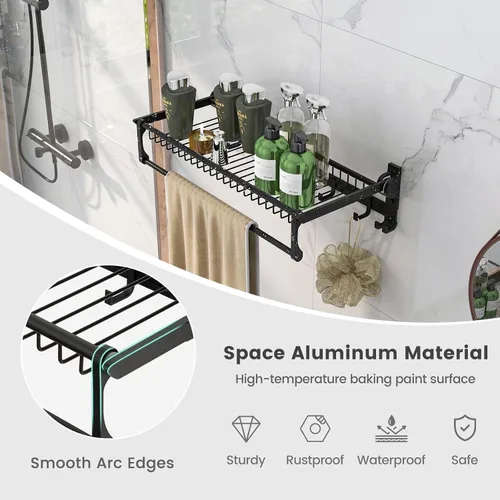Vista 8 de Tangkula Estante de baño plegable, estante de baño montado en la pared con barra ajustable y ganchos móviles, organizador de aluminio a prueba