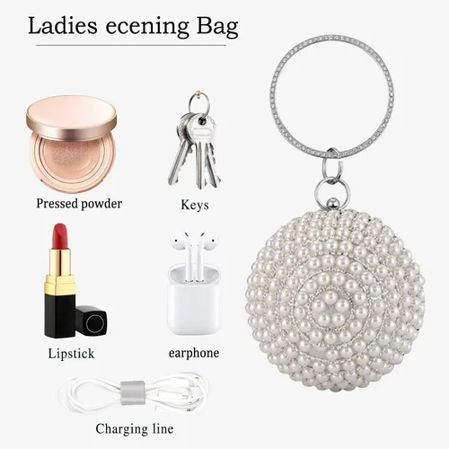 Vista 5 de Bolso de mano redondo para mujer, con diamantes de imitación, bolso de noche con cuentas de perlas