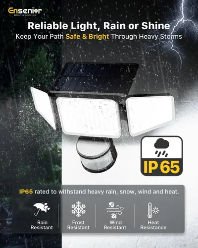 Vista 6 de Ensenior - Luces solares de movimiento para exteriores, 228 luces LED de seguridad solar con control remoto, IP65 impermeable, 3 cabezales de luz