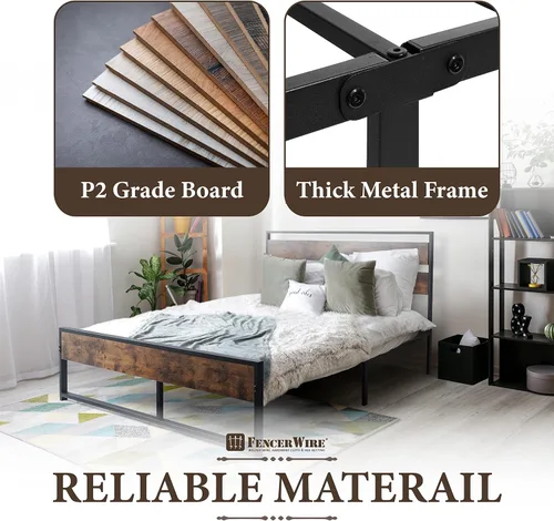 Vista 5 de Fencer Wire Base de cama de metal con cabecera y estribo de madera modernos, base de colchón, plataforma de metal con marco de acero, sin ruido,