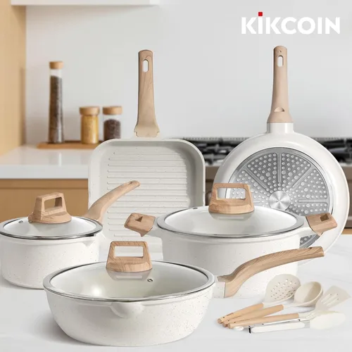 Vista 7 de Kikcoin Juego de 16 Piezas de Ollas y Sartenes Antiadherentes de Cerámica, Juegos de Utensilios de Cocina de Inducción, No Tóxico, Saludable